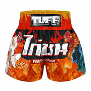 Colorful thai shorts with rooster design and 'TUFF' branding on a white background