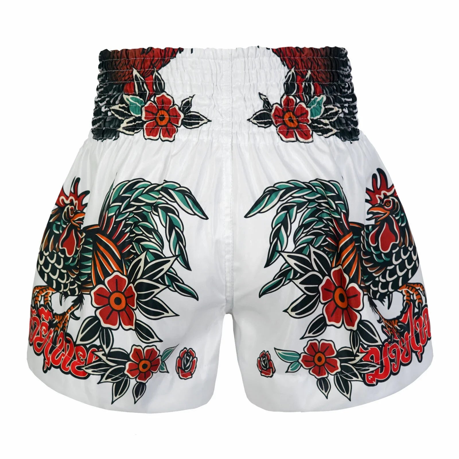 White Muay Thai shorts with colorful rooster and floral designs on a white background