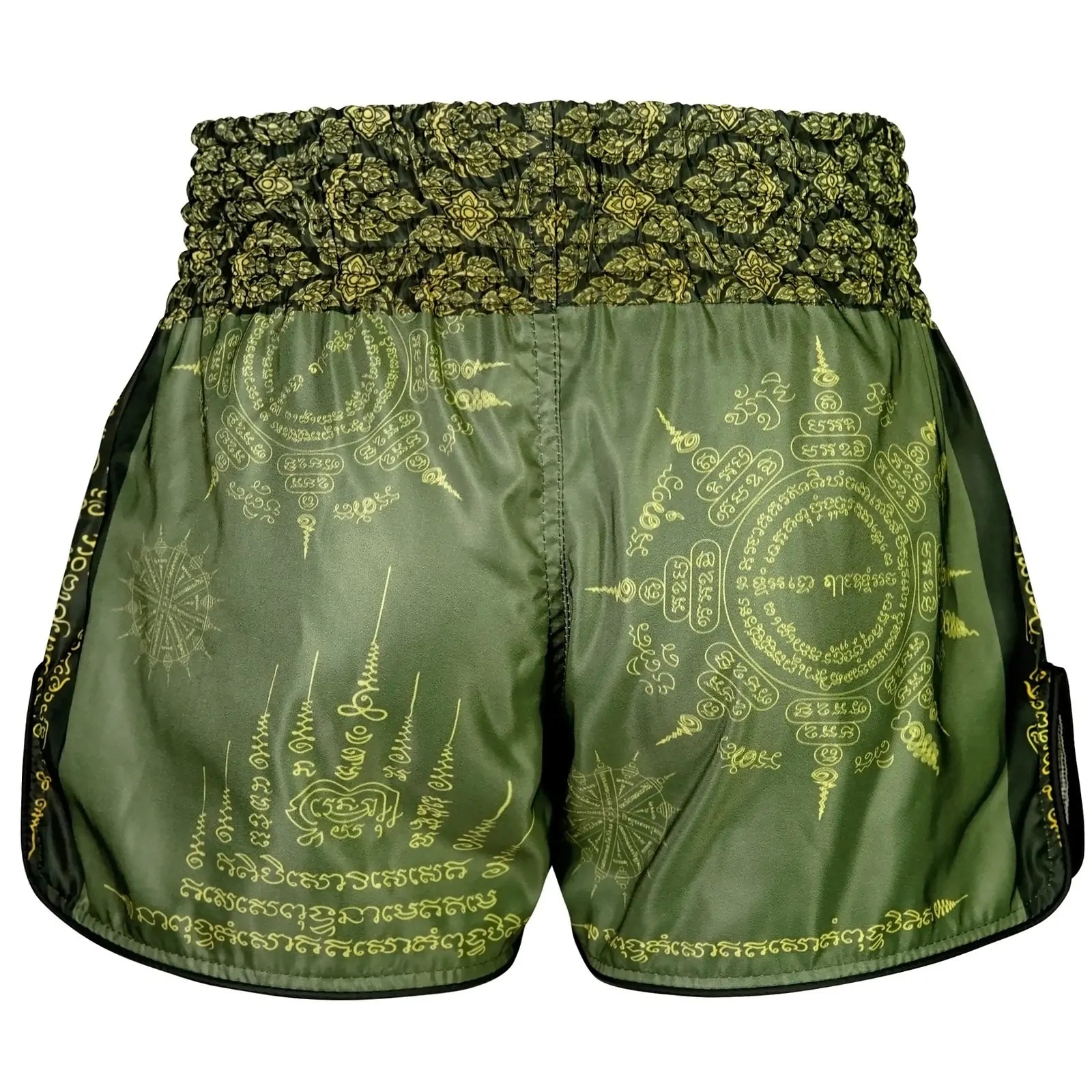 Green Muay Thai shorts with intricate yellow patterns on a white background