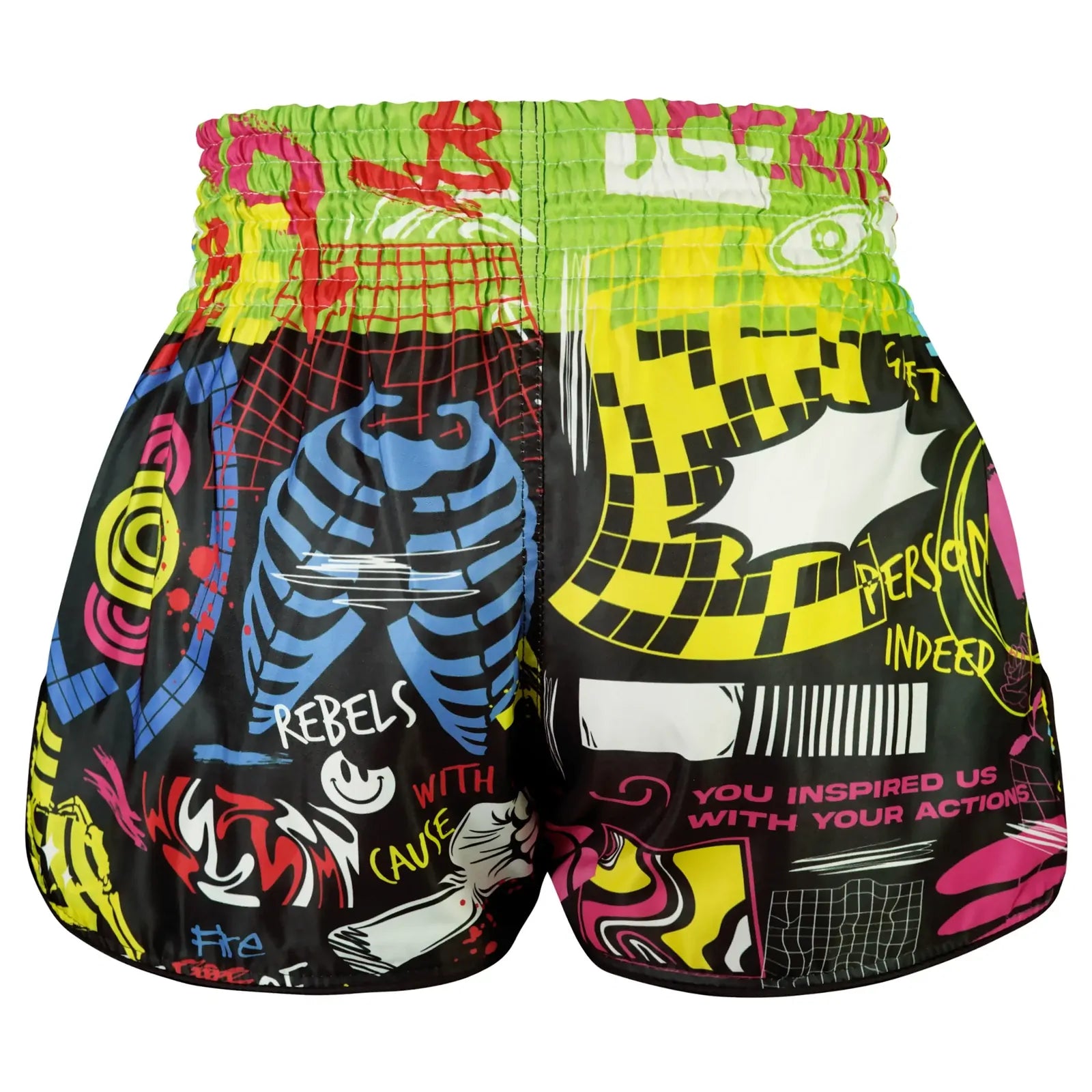 Colorful graphic Muay Thai shorts with various patterns and text on a white background
