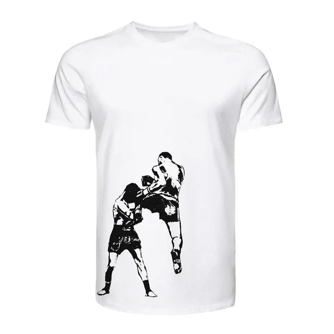 White t-shirt with black graphic of two fighters on a white background