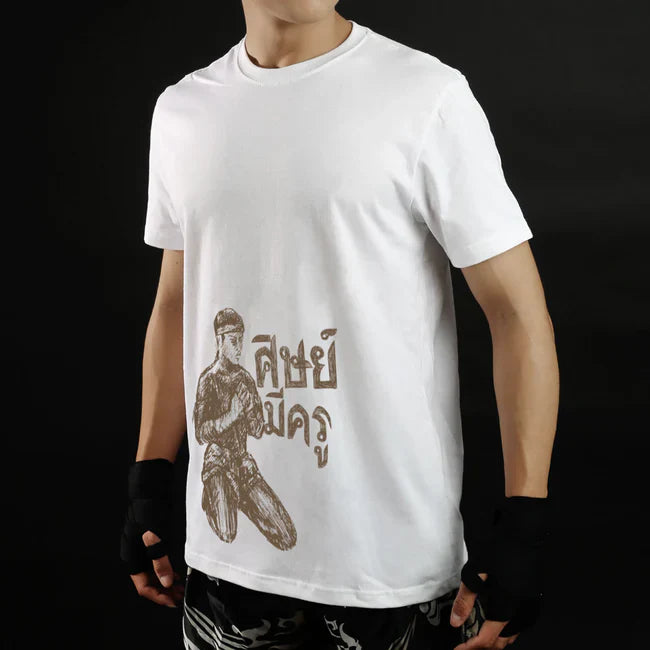 Person wearing a white t-shirt with a graphic design and text on a black background