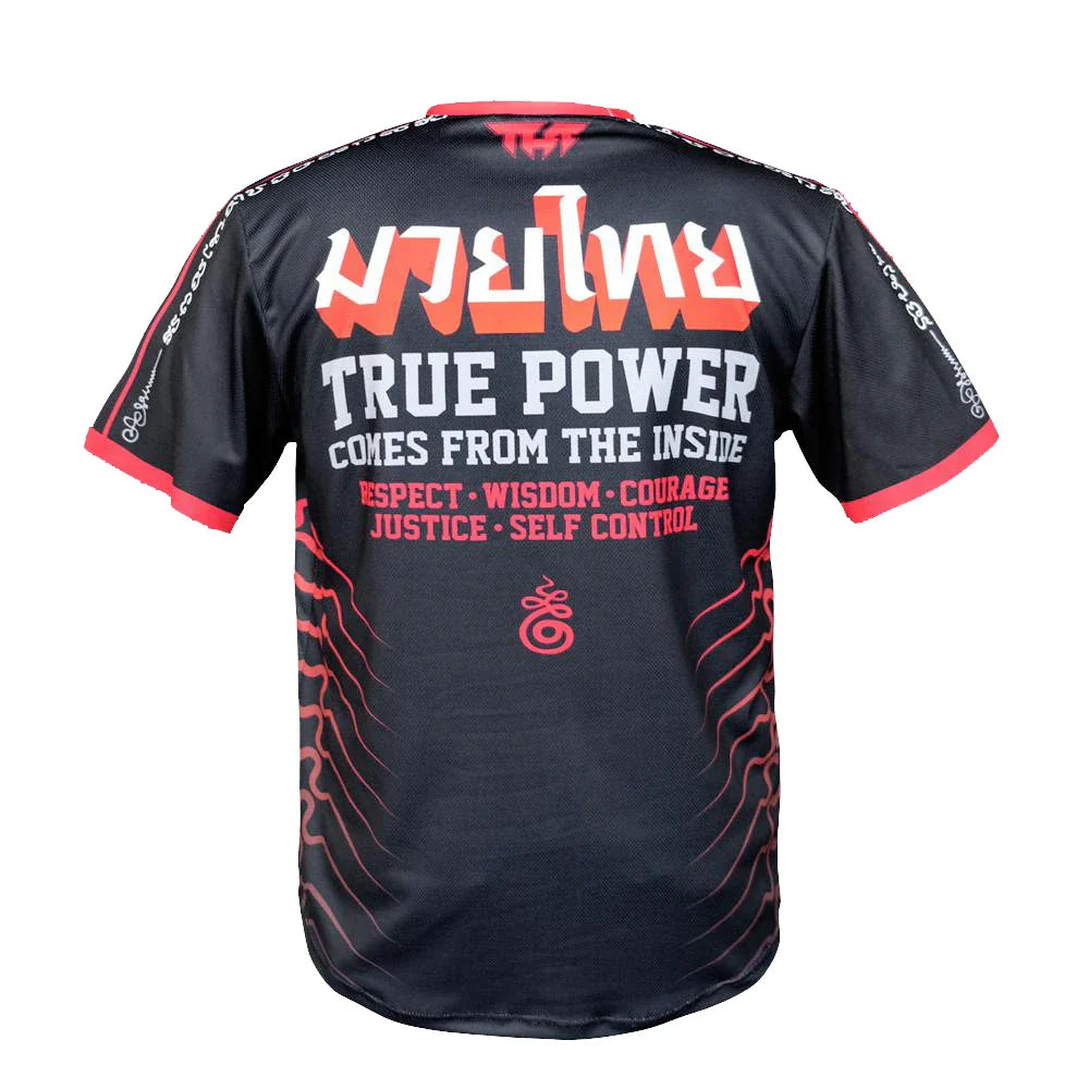 Black t-shirt with red and white text and graphics on a white background