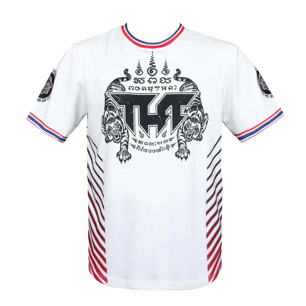 White Tuff Sports t-shirt with black graphics and red and blue accents on a white background
