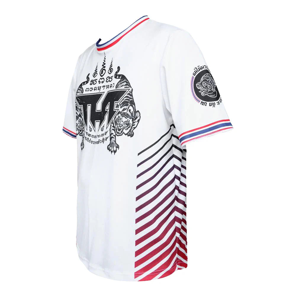 White Tuff Sports jersey with tiger graphics and red and blue accents on a white background