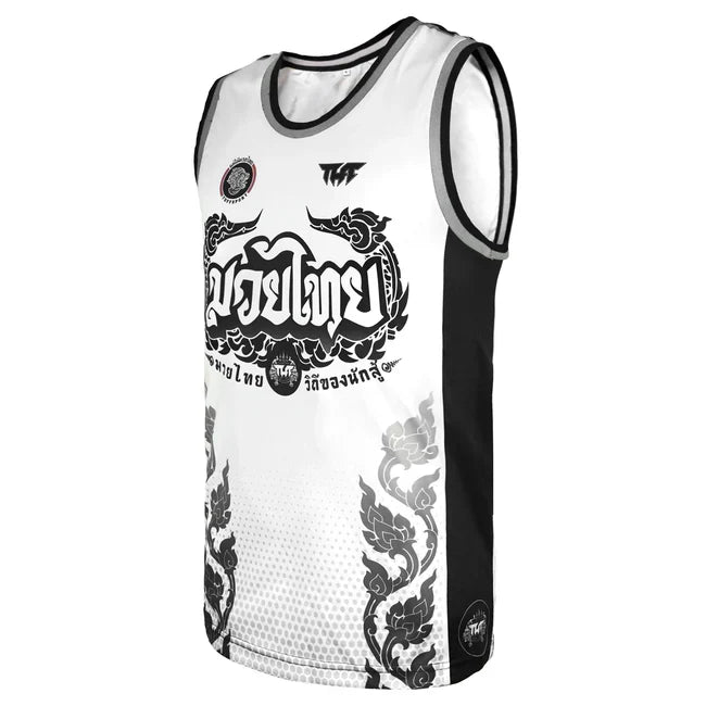 White and black TUFF Sport sleeveless shirt with intricate designs and branding on a white background
