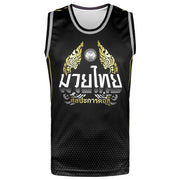 Black TUFF Sport sleeveless sports jersey with gold and white designs on a white background
