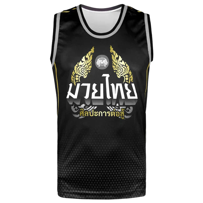 Black TUFF Sport sleeveless sports jersey with gold and white designs on a white background