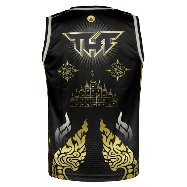 Black TUFF tank top with gold designs and patterns on a white background
