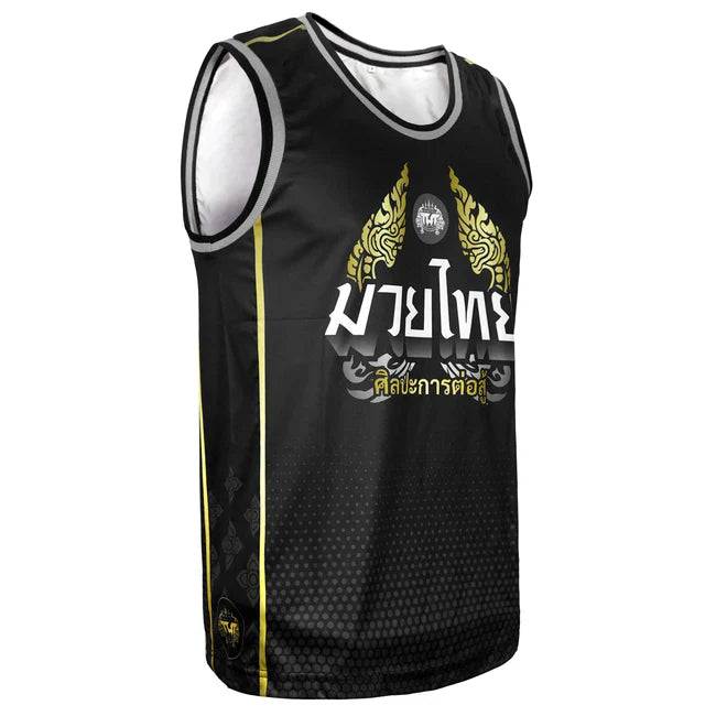 Black TUFF Sport tank top with gold and white designs on a white background