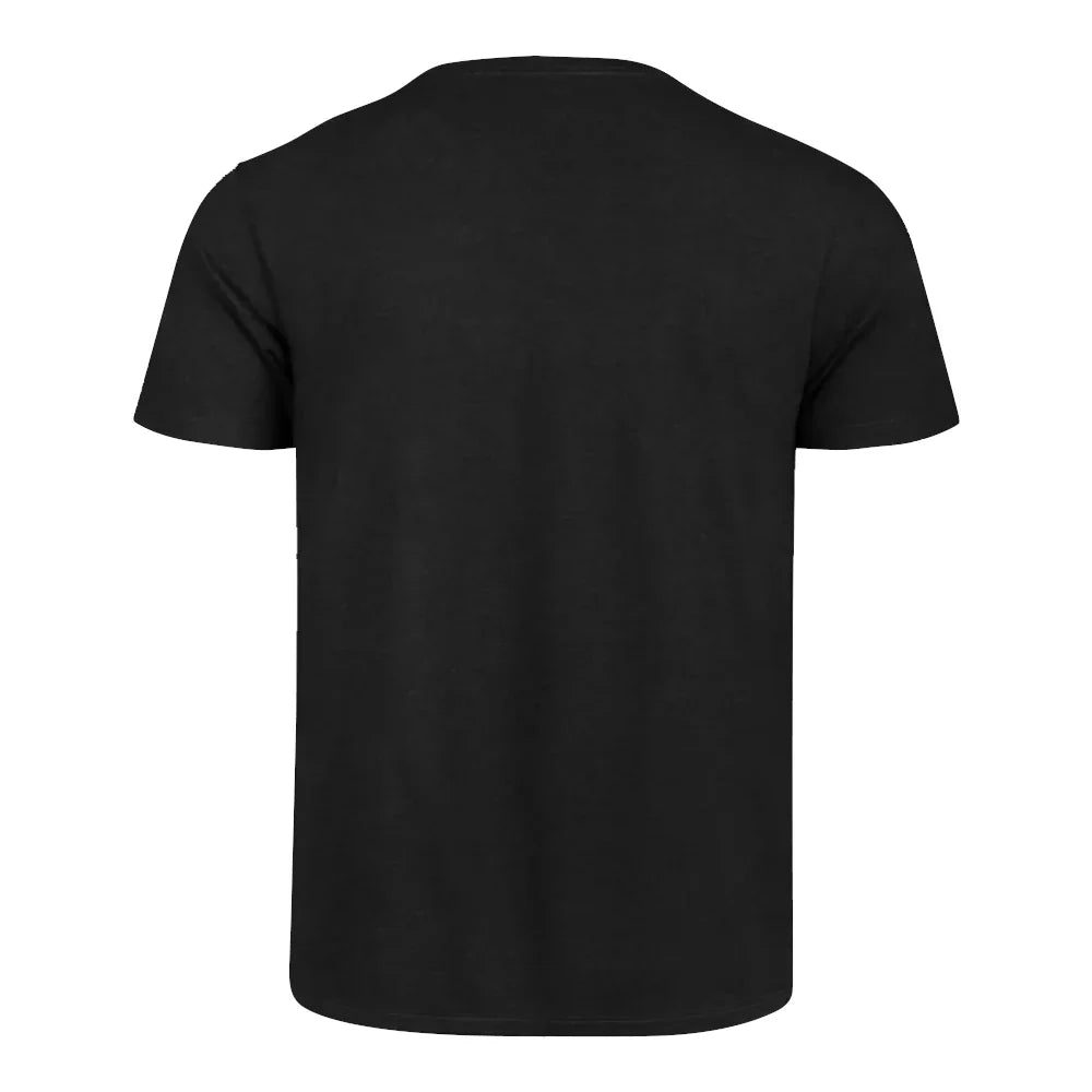 Rear of a black t-shirt on a white background