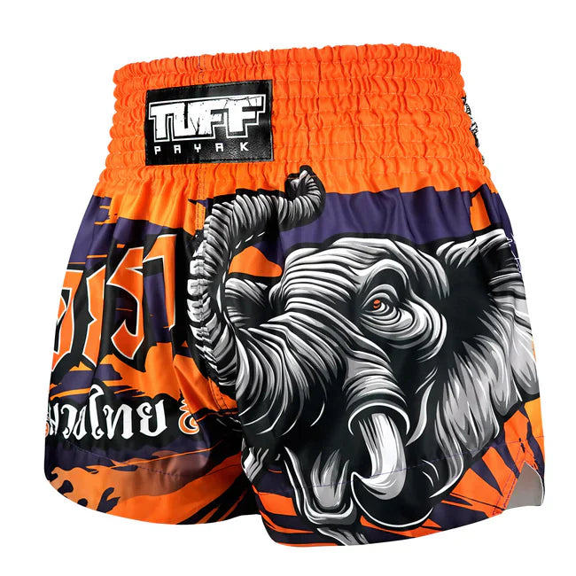 Orange and black Muay Thai shorts with elephant design and TUFF PAYAK branding.