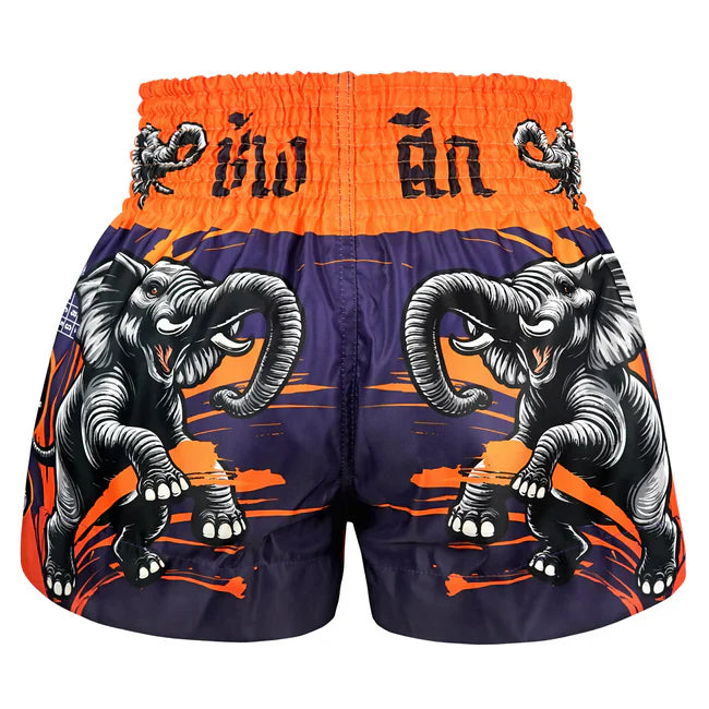 Muay Thai shorts with elephant design on an orange and purple background