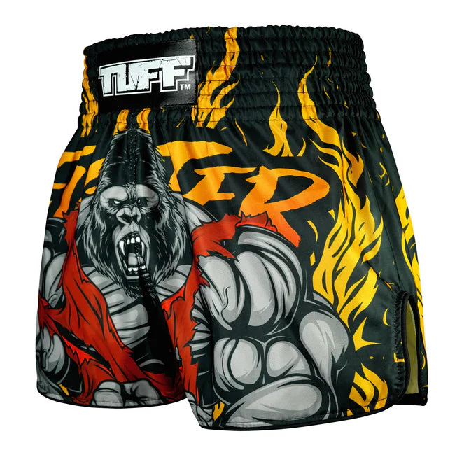 Thai shorts with a gorilla and flames design on a white background