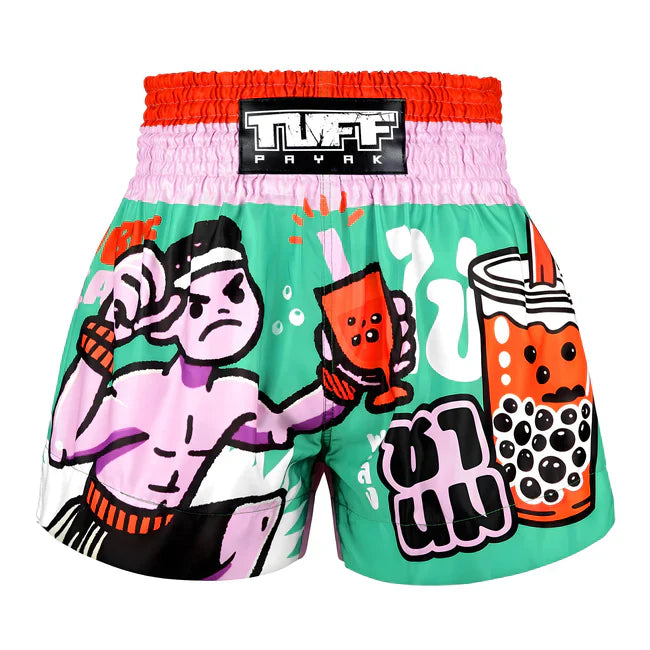 Colorful Thai boxing shorts with cartoon character and bubble tea design on a white background