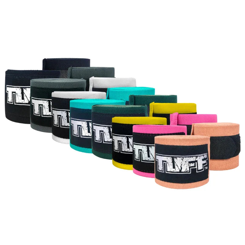 Collection of colorful boxing hand wraps with Tuff branding on a white background