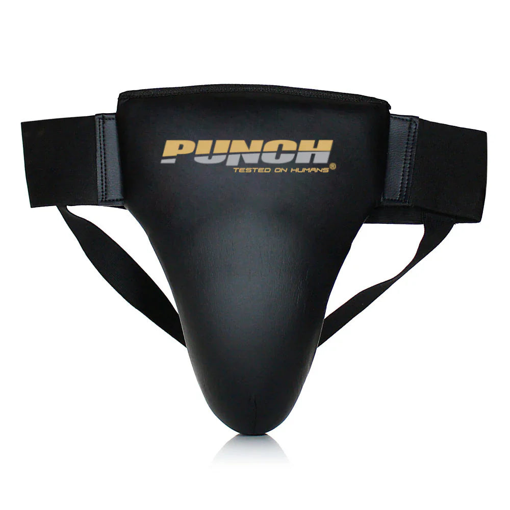 Black athletic groin guard with 'Punch' branding on a white background