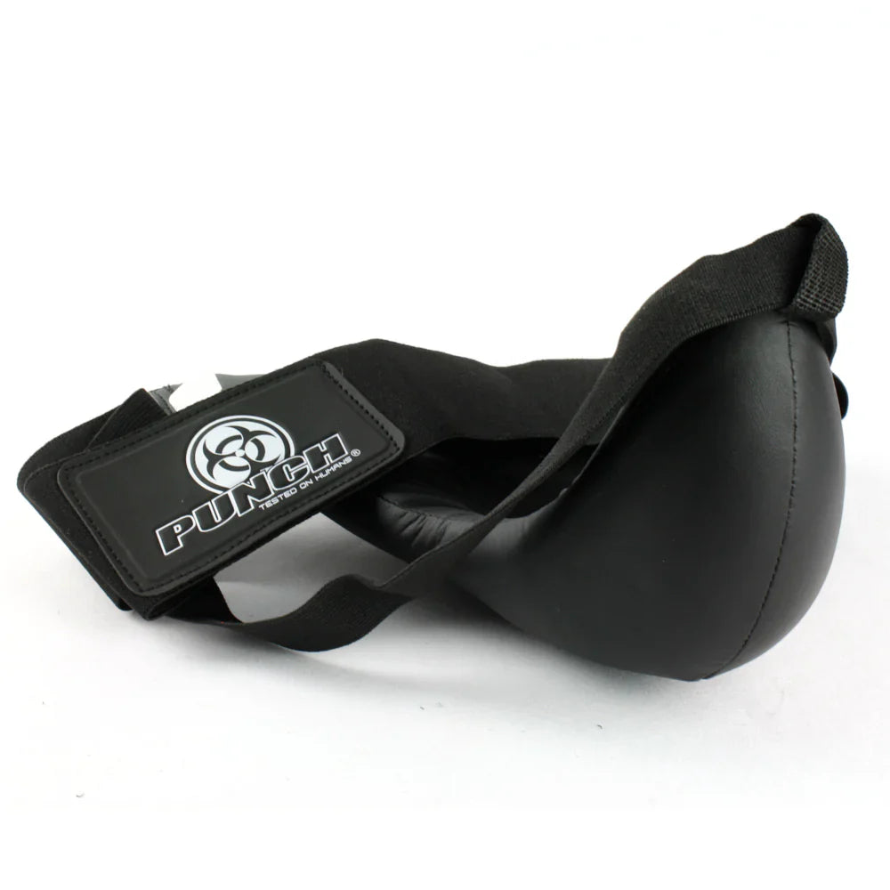 Black groin guard with a 'Punch' logo on a white background