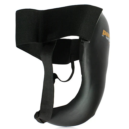 Side profile of a black groin guard