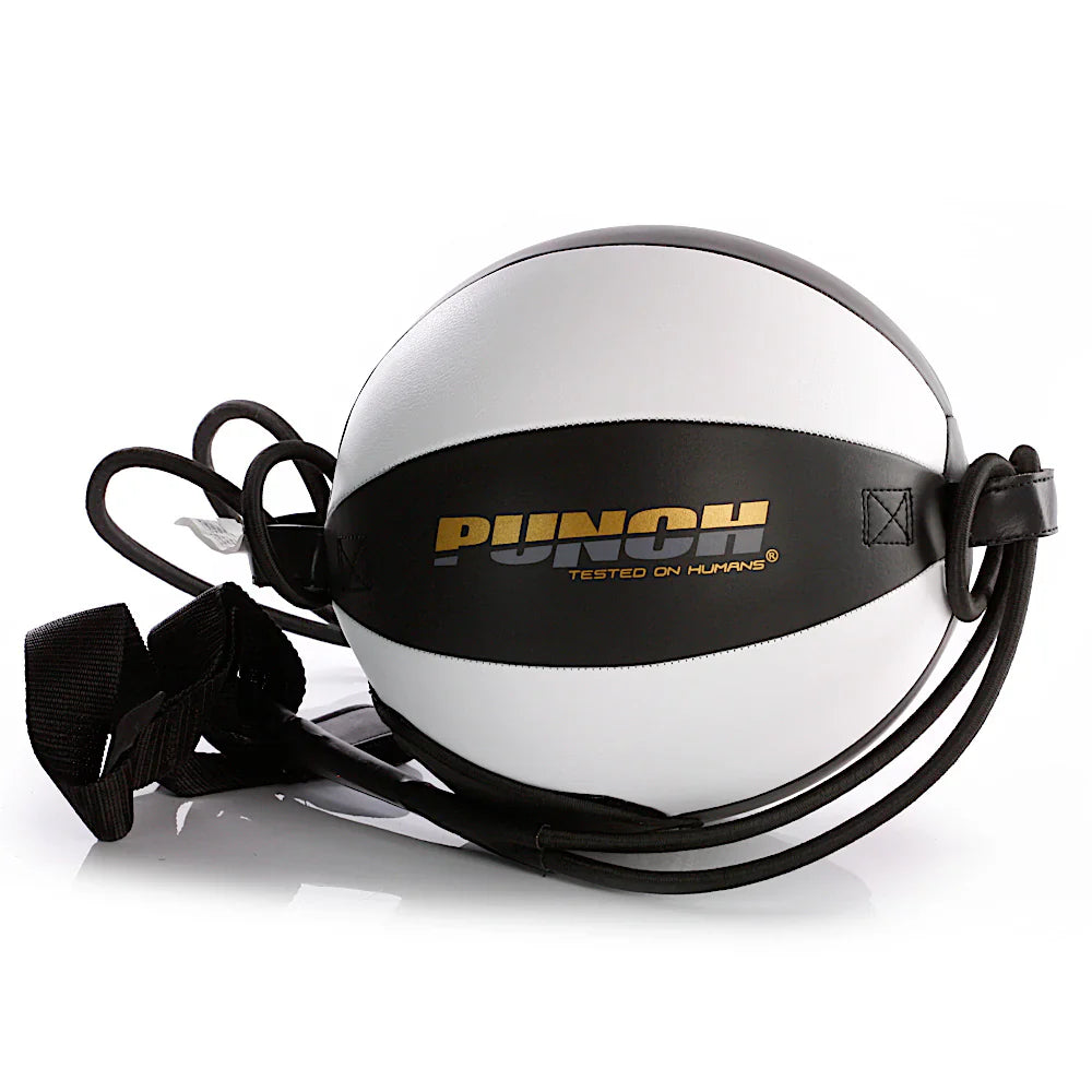 White floor to ceiling ball with black straps and 'Punish' branding on a white background