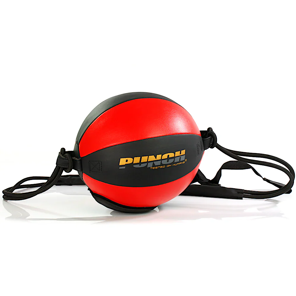 Red and black round ball with a strap on a white background
