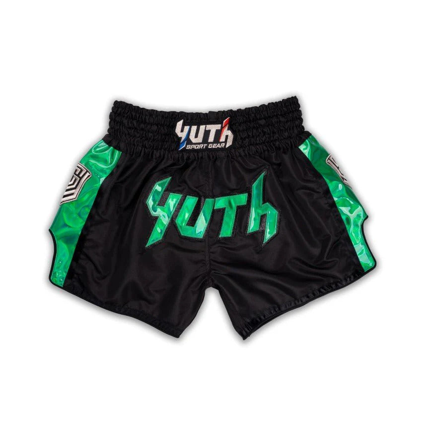 Black and green Muay Thai shorts with 'YUTH' branding on a white background
