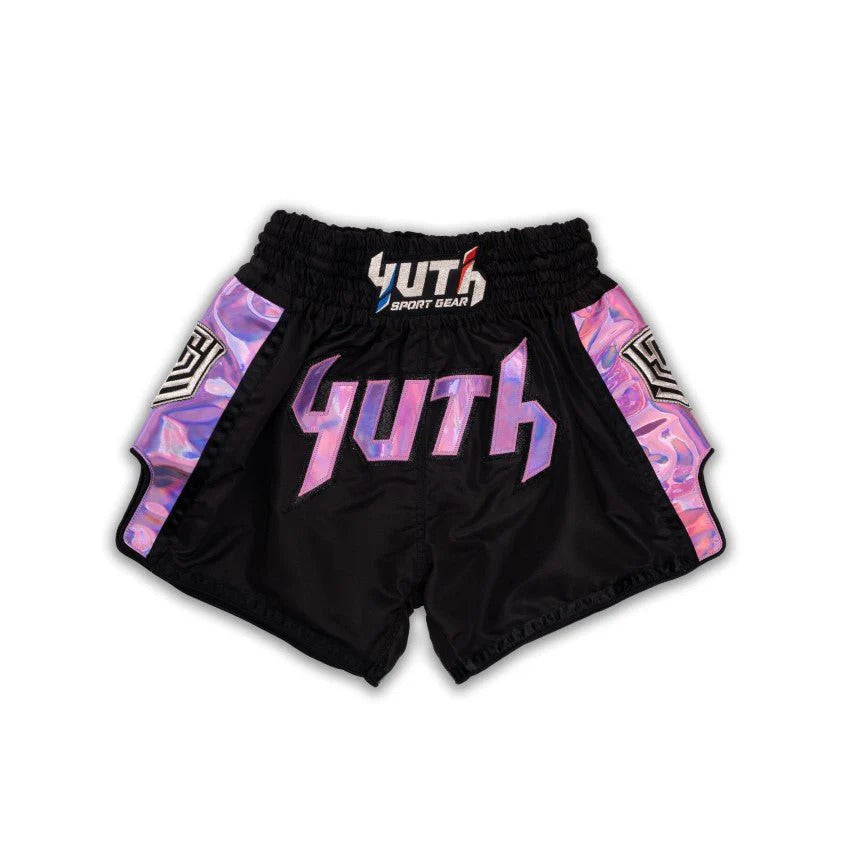 Black Muay Thai shorts with pink and purple accents and 'YUTH' branding on a white background