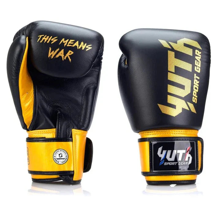 Black and yellow boxing gloves with 'Yuth Sport Gear' branding on a white background