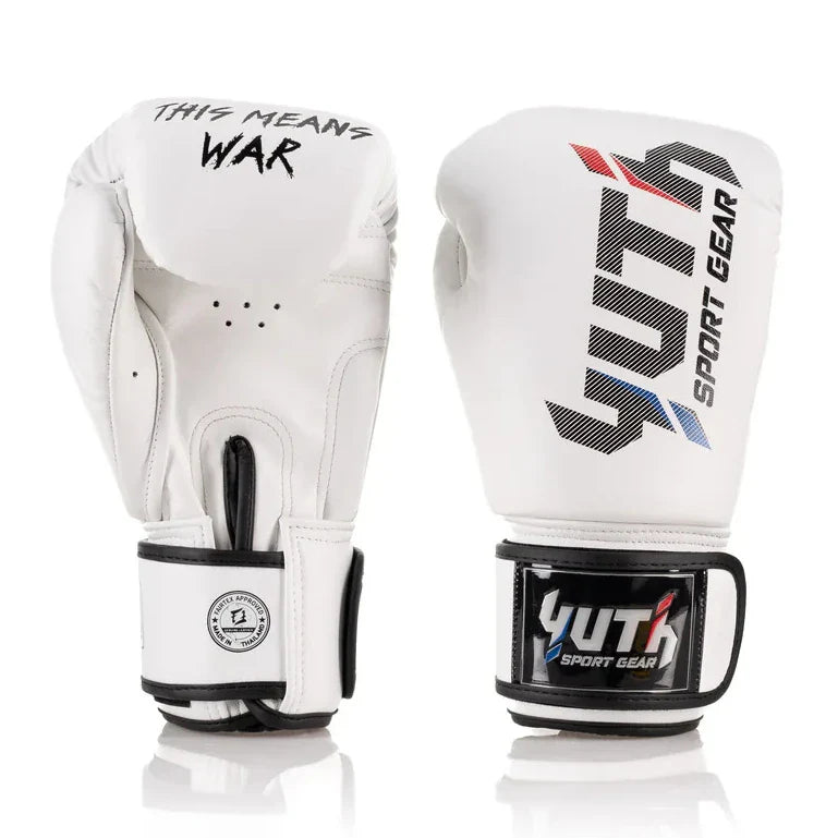 White boxing gloves with black text and branding on a white background