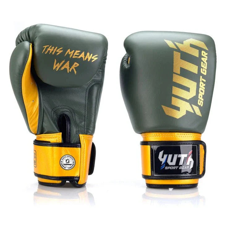 Pair of green and yellow boxing gloves with 'Yuth Sport Gear' branding on a white background.