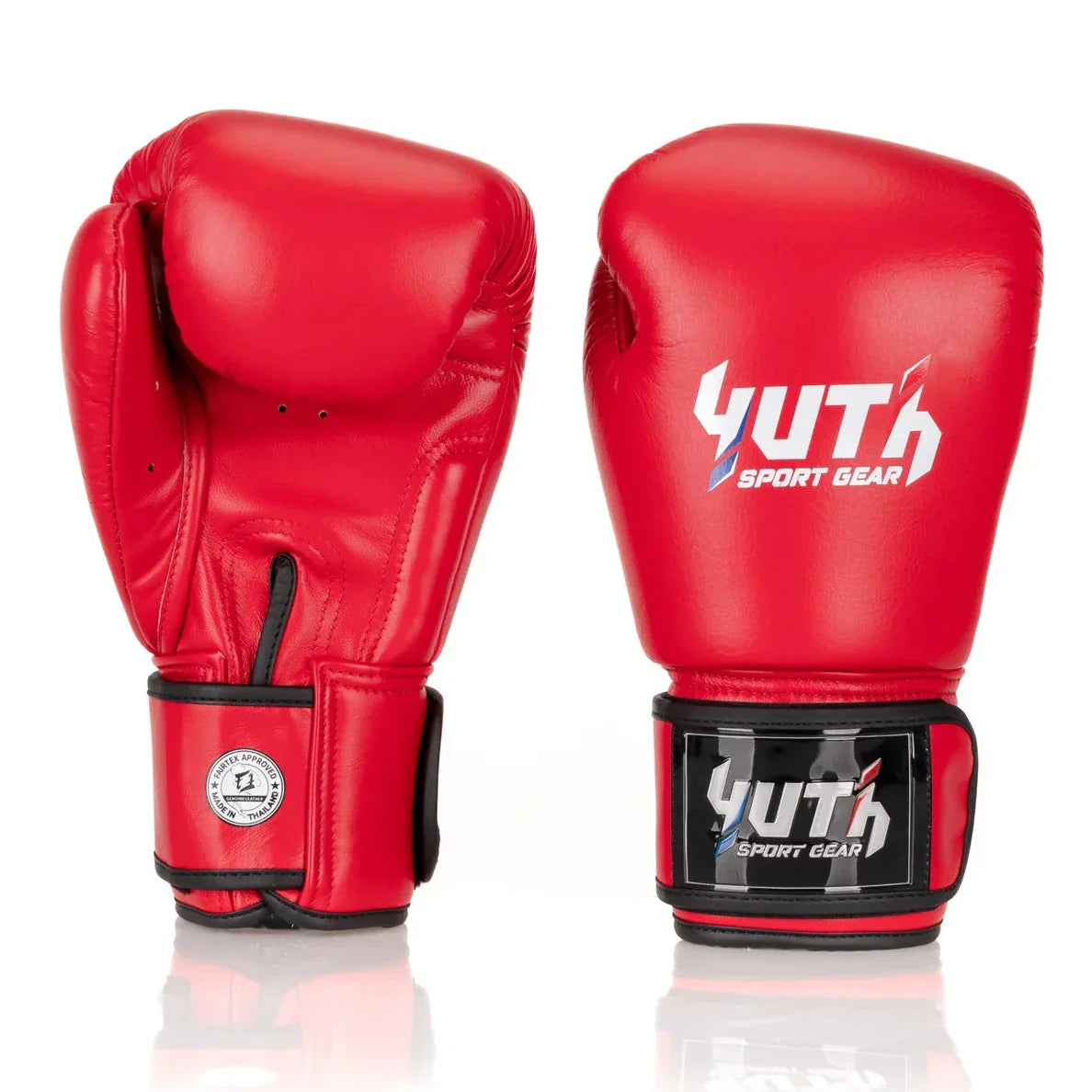 Red boxing gloves with Yuth Sport Gear logo on a white background