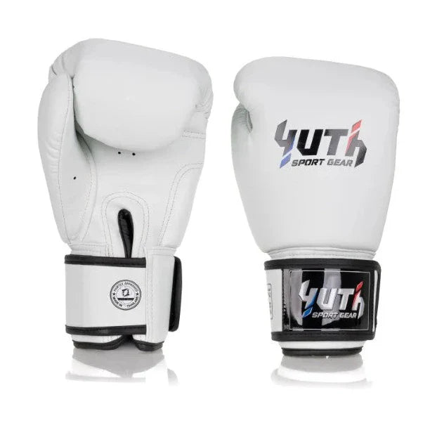 White boxing gloves with Yuth Sport Gear branding on a white background