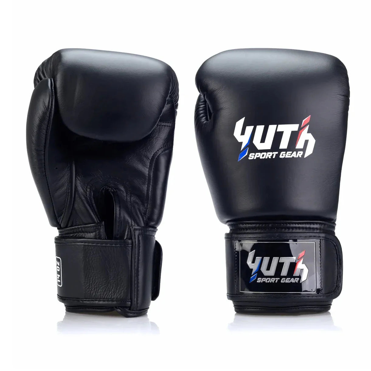 Black boxing gloves with Yuth Sport Gear logo on a white background