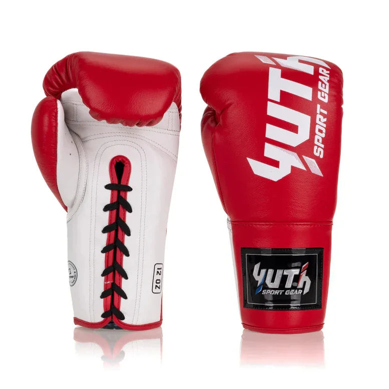 Red and white boxing gloves with 'Yuth Sport Gear' branding on a white background