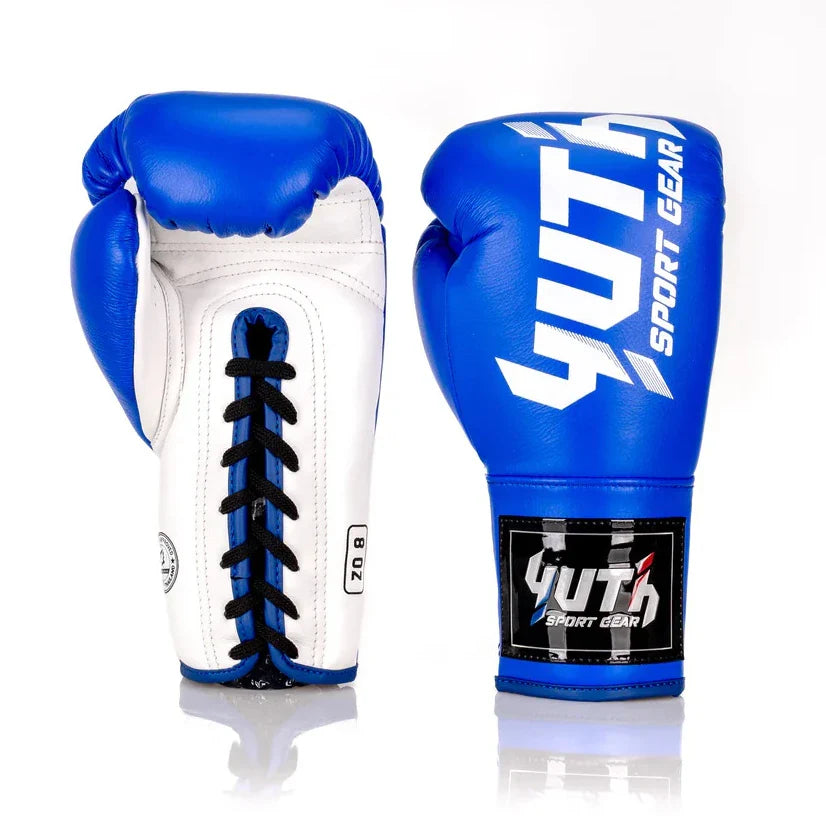 Blue and white boxing gloves with 'Yuth Sport Gear' branding on a white background