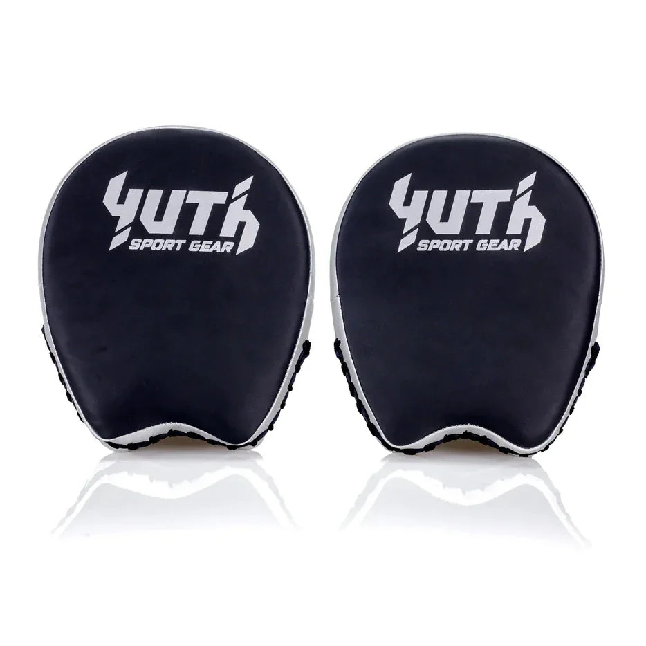 Pair of black and white Yuth Sport Gear focus mitts on a white background