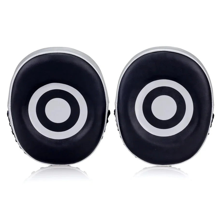 Black and silver boxing mitts with target design on a white background