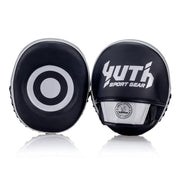Black and white boxing focus mitts with Yuth Sport Gear branding on a white background