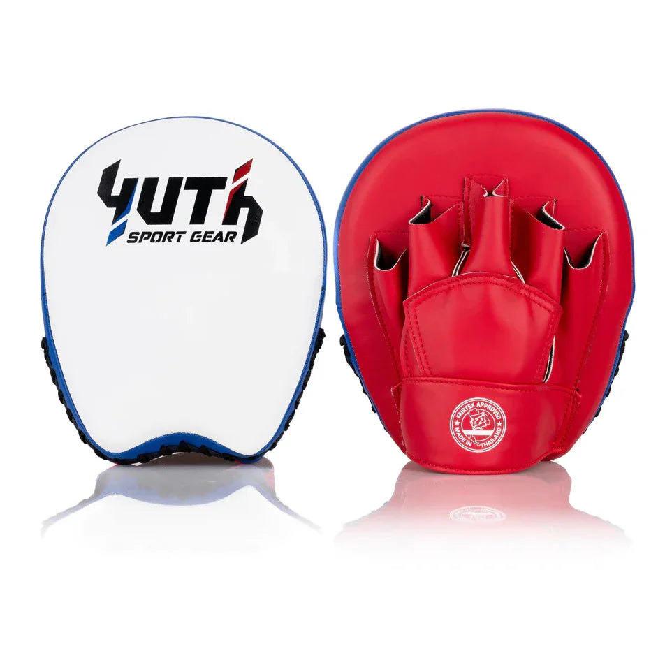 Red and white boxing training pads with YUTH Sport Gear branding on a white background