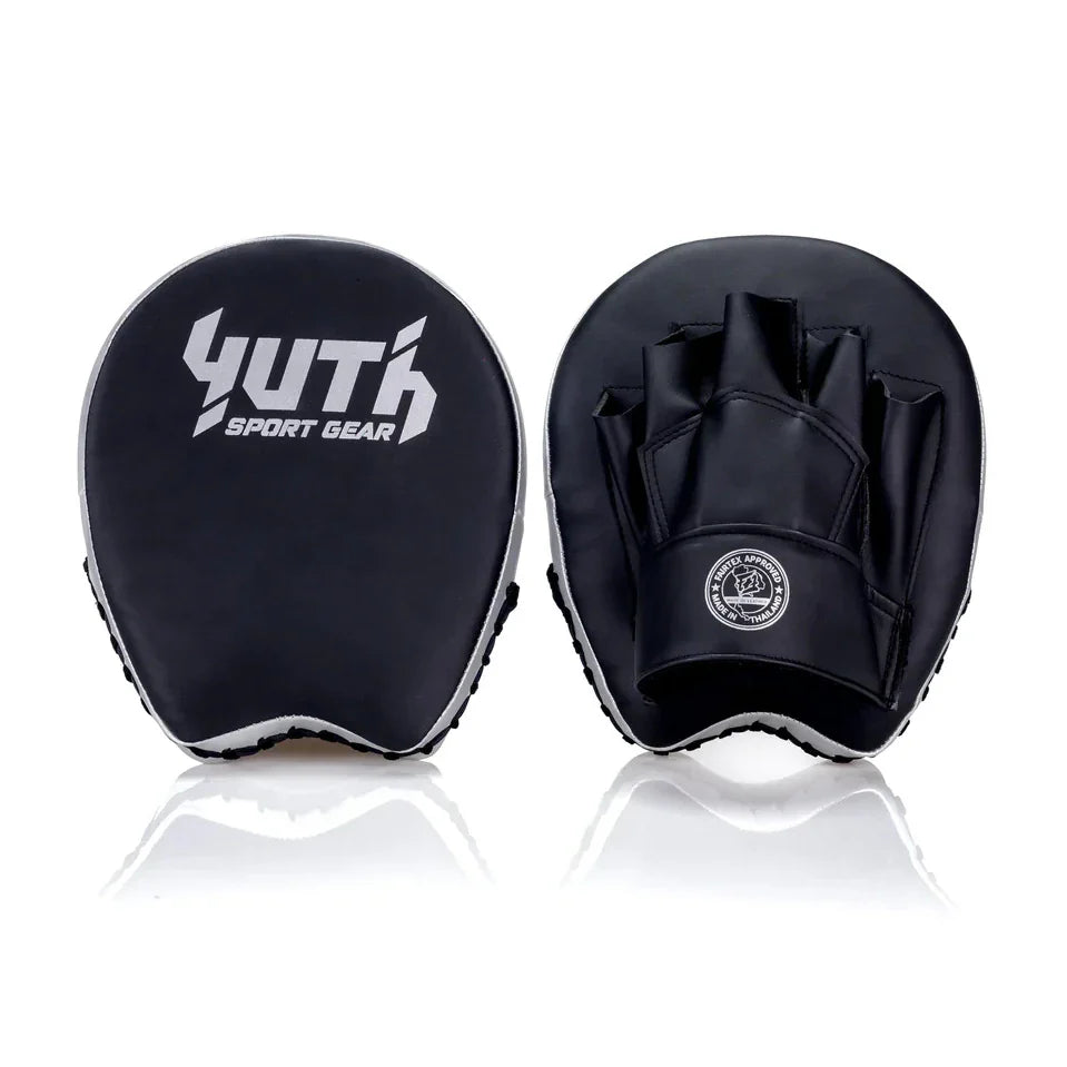 Black focus mitts with Yuth Sport Gear branding on a white background