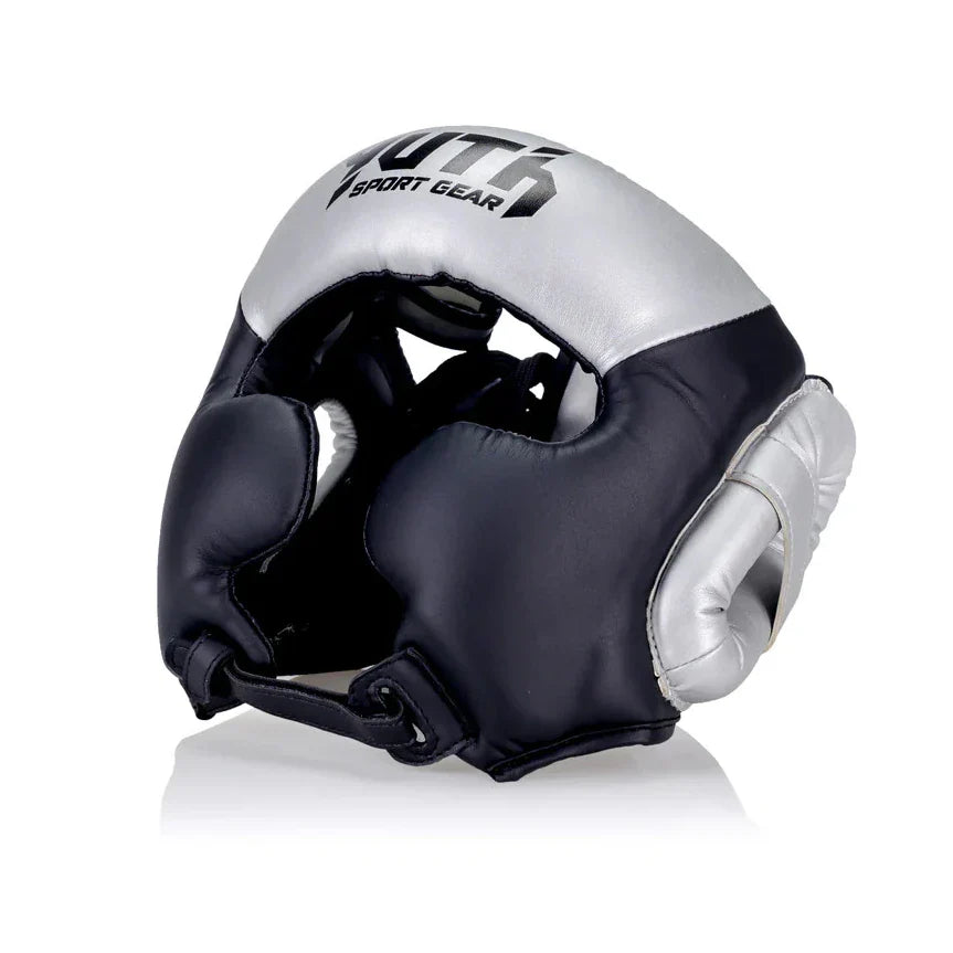 Black and silver boxing headgear with 'YUTH Sport Gear' branding on a white background