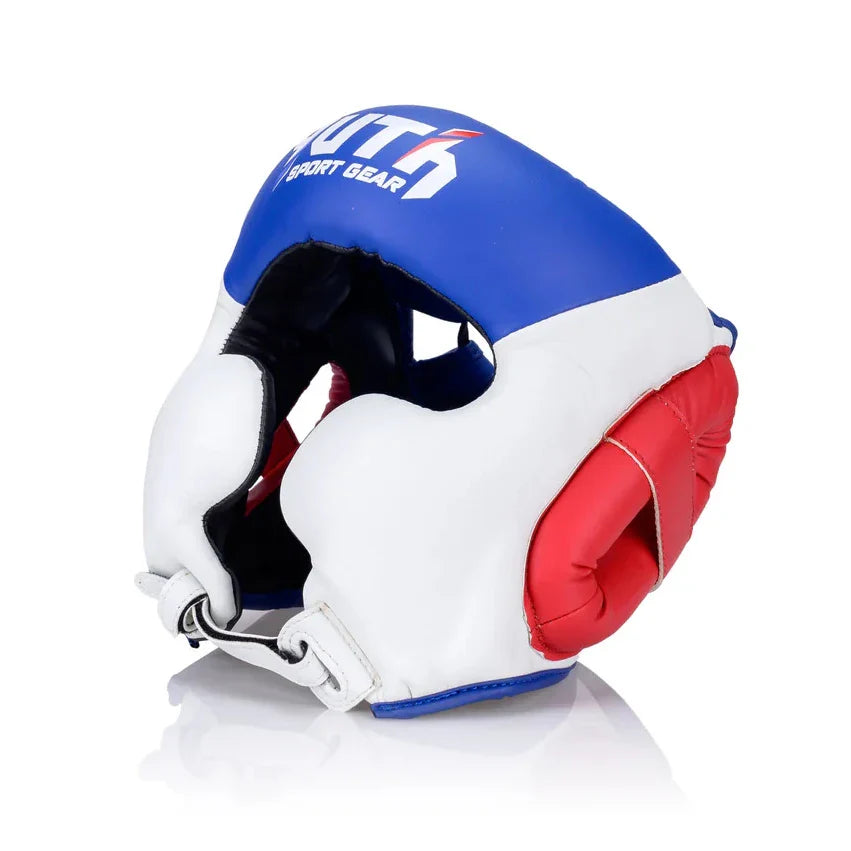 Boxing helmet and gloves with 'Yuth' branding on a white background