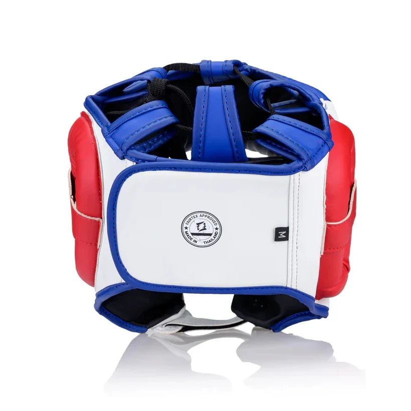 Boxing headgear with red, white, and blue colors on a white background