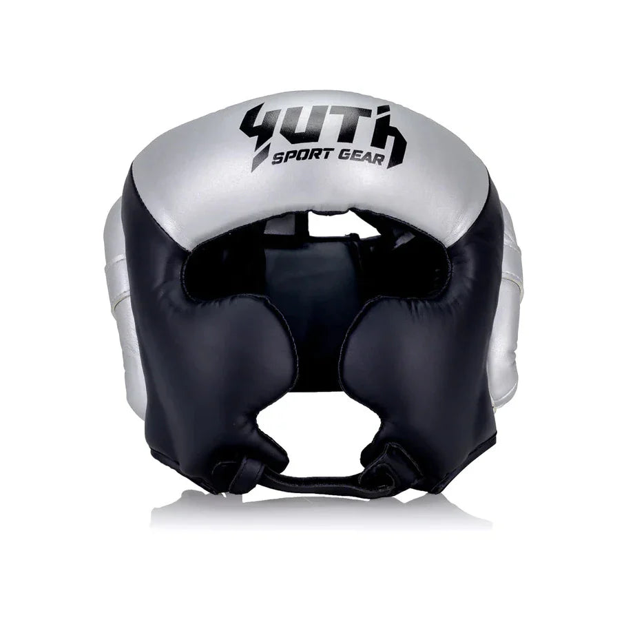Black and silver boxing headgear with 'YUTH SPORT GEAR' branding on a white background