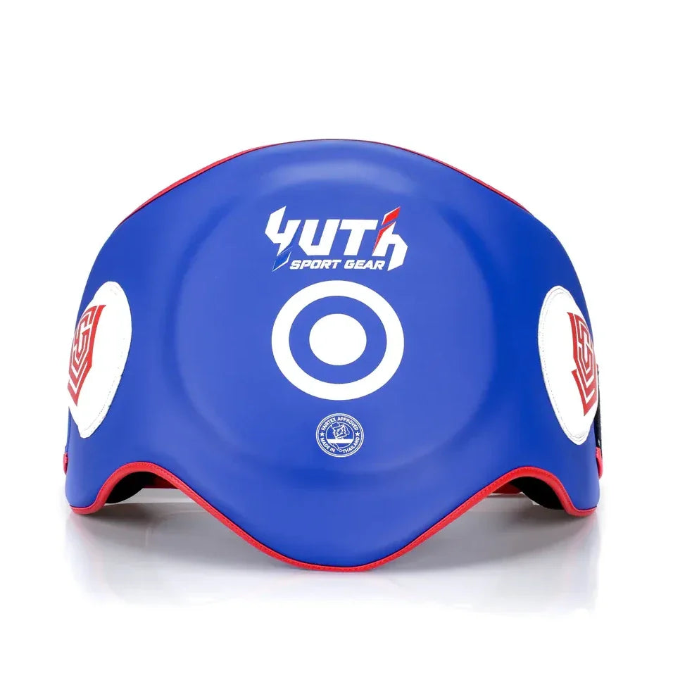 Blue belly pad with red accents and visible branding on a white background