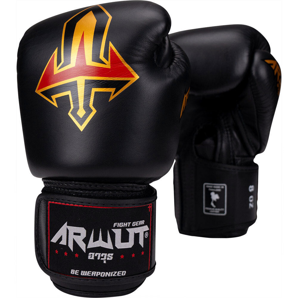 Black Arwut boxing gloves with a red and yellow logo on a white background