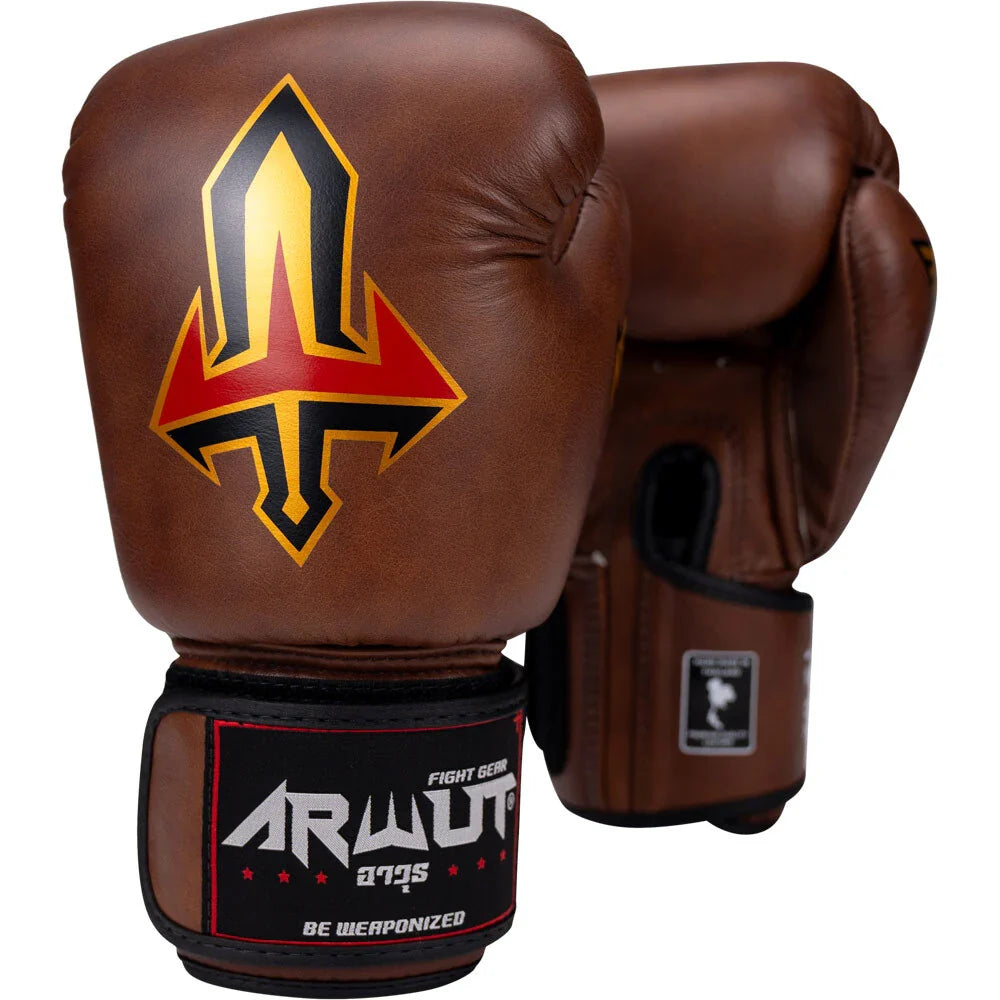 Brown Arwut boxing gloves with a distinctive logo on a white background