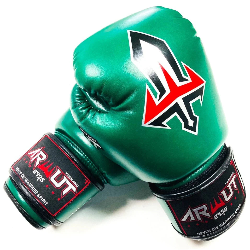 Metallic green Arwut boxing gloves with a brand logo on a white background