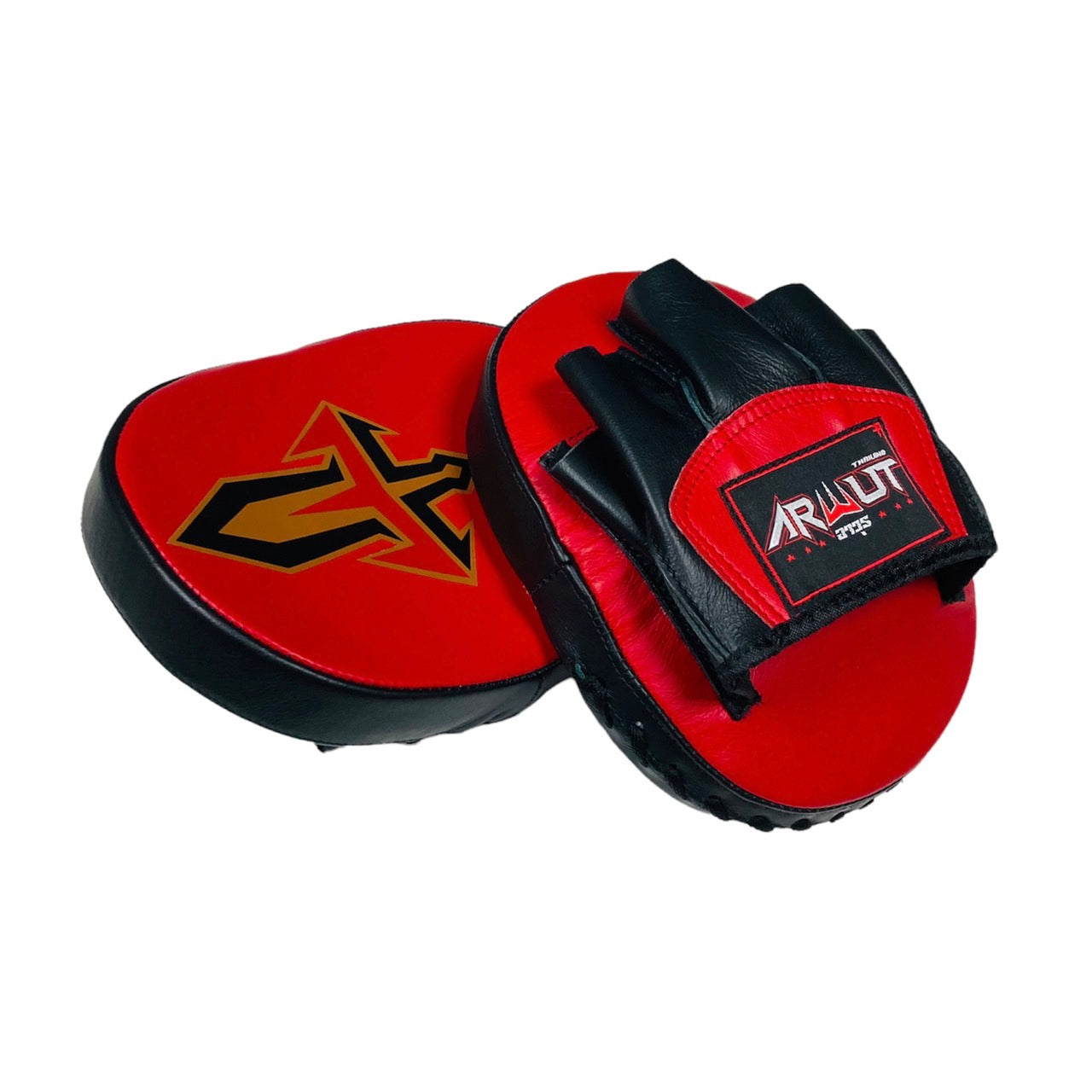 Red and black boxing pads with a visible brand logo on a white background