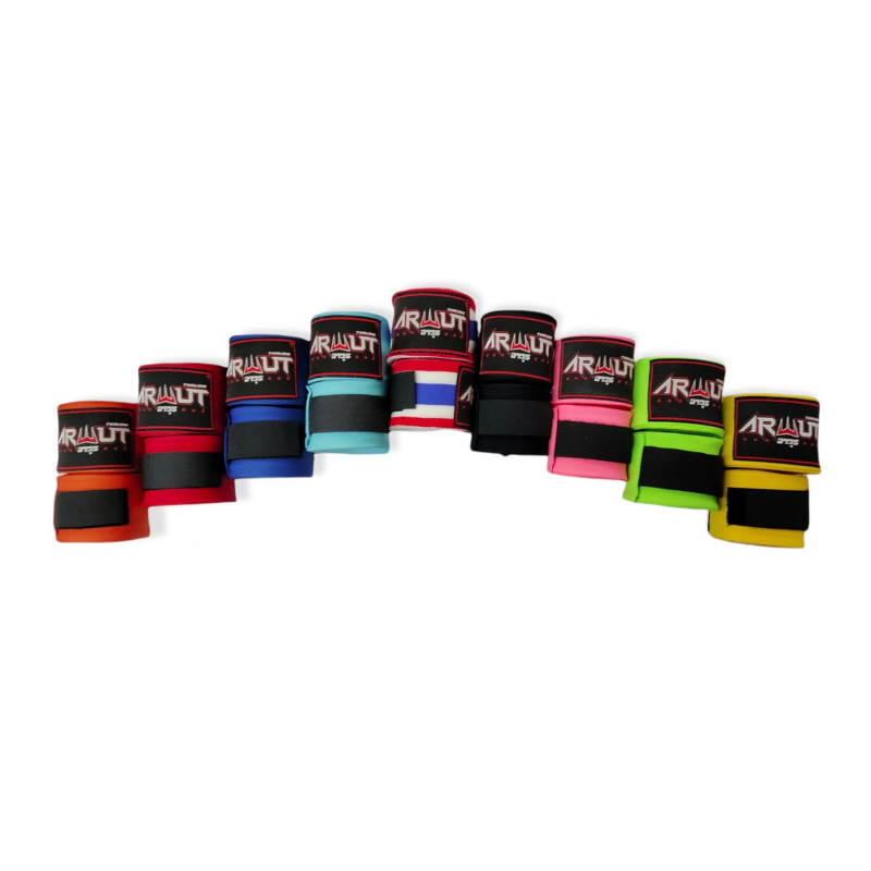 Set of colorful hand wraps with brand logo on a white background